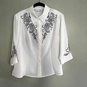 KC Studio White Black Paisley Embroidered Button UpSize 12 3/4 Slv Americana